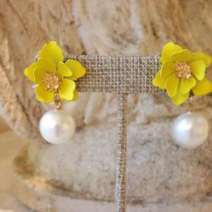 Yellow Flower & White Faux Pearl Big Post Floral Dangle Statement Earrings